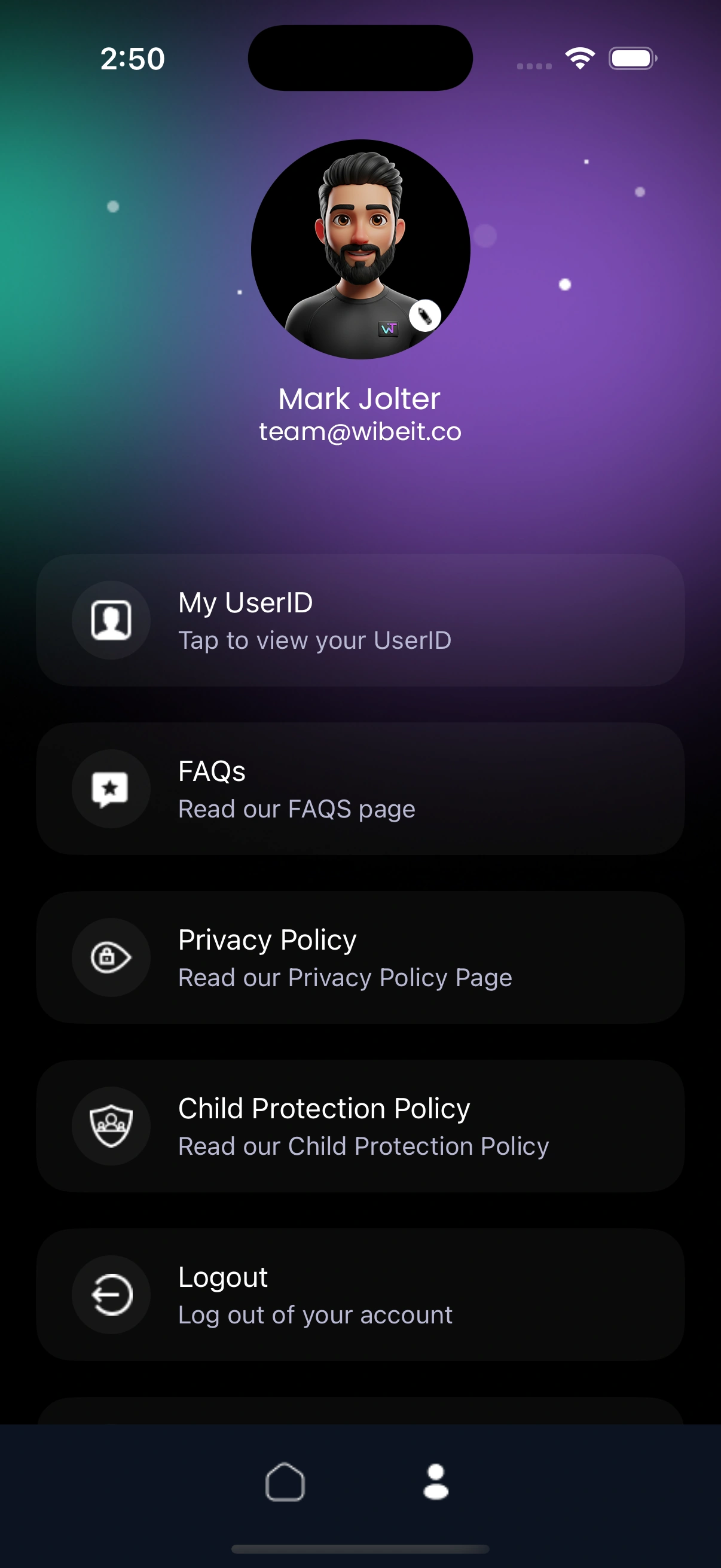 Wibet app profile page with user details, profile picture, and account settings options