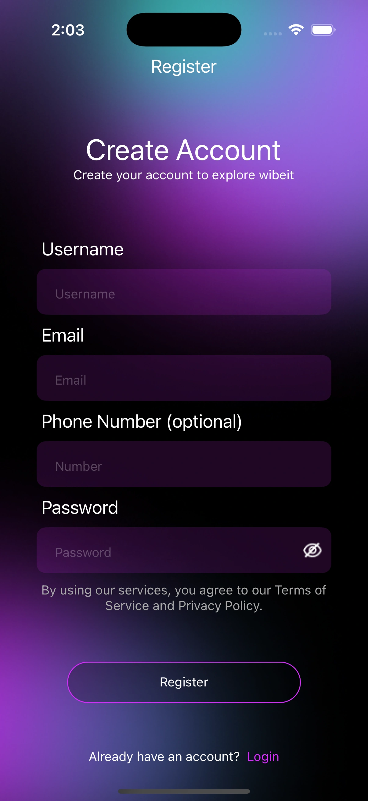  Wibet app create account screen with registration form and sign-up fields 