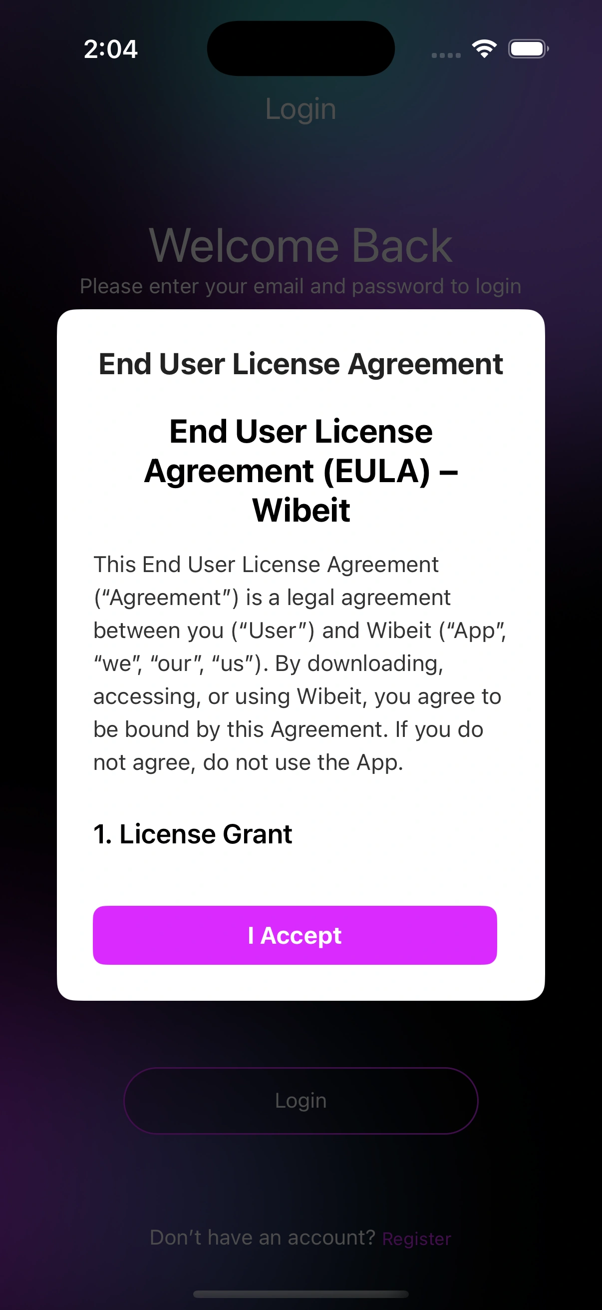 Wibet app EULA screen with terms, scroll section, and accept checkbox
